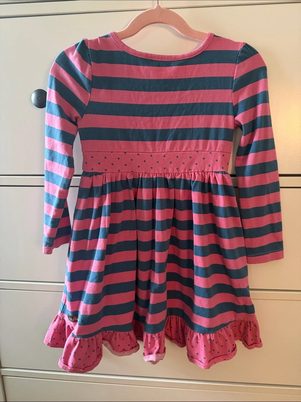 Matilda Jane Pink & Navy Striped Long-Sleeve Dress with Removable Yellow Apron